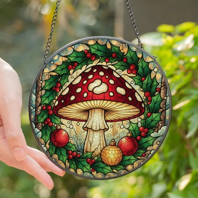 Nature Lovers' Vibrant Stained Glass Mushroom Holly Ornament Golden Glow Mosaic Stained Glass Suncatcher - ykkiJi19_6