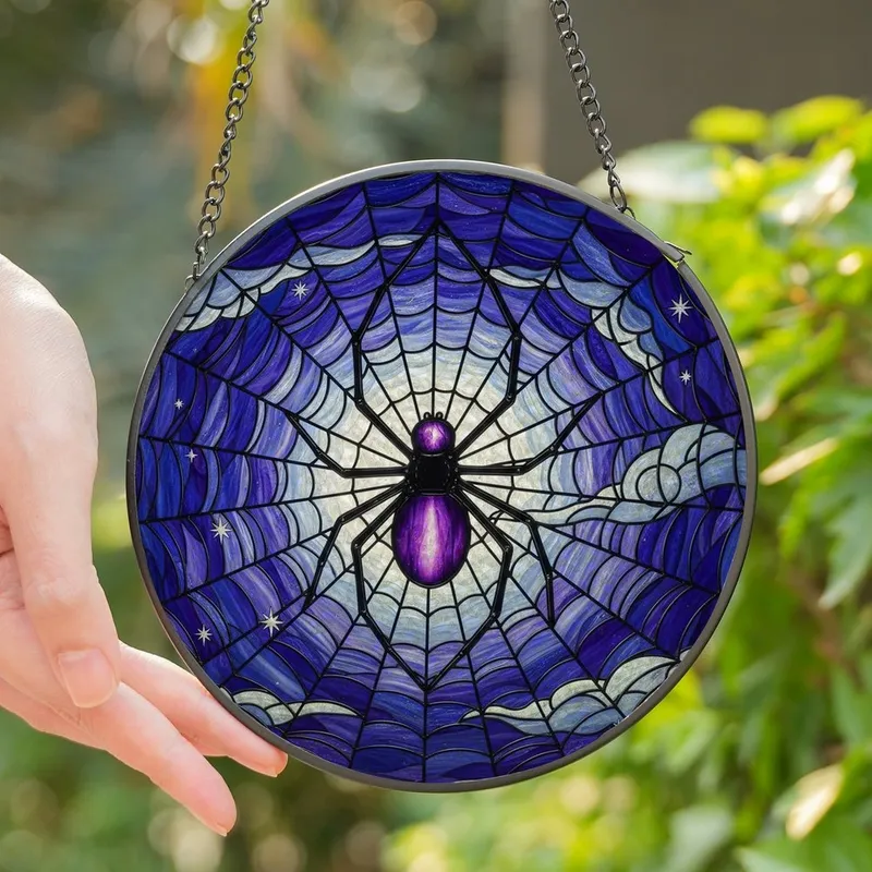 Art Lovers' Stained Glass Stylized Spider Moonlit Night Sky Deep Purple Sapphire Mosaic Stained Glass Suncatcher - s6aFc3wmqq