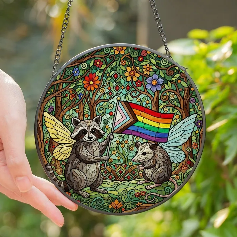 Fantasy Art Lovers' Tiffany Glass Fairy Raccoon Opossum Rainbow Stripe Banner Forest Mosaic Jewel Tones Stained Glass Suncatcher - 1