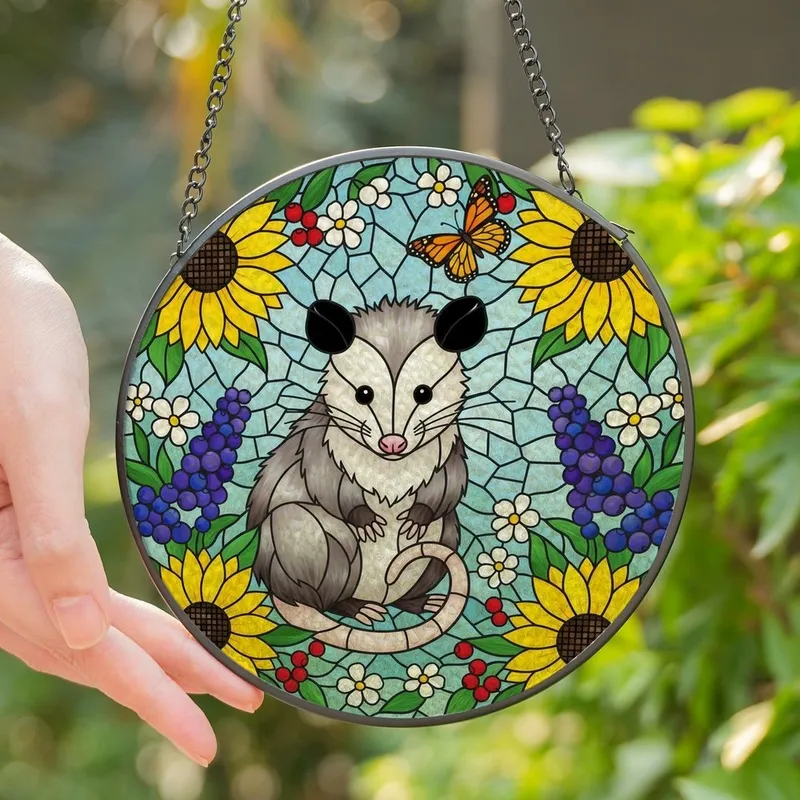 Nature Lovers' Jewel Tone Stained Glass Opossum Floral Garden Mosaic Art Stained Glass Suncatcher - 7VU4KI6qO7