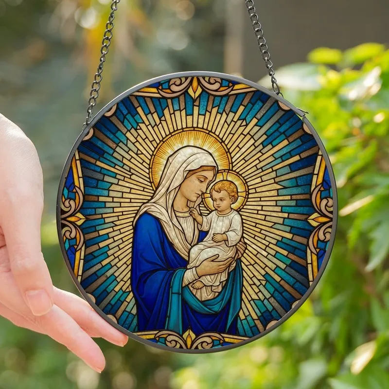 Stained Glass Art Fans' Intricate Tiffany Style Virgin Mary Baby Jesus Radiant Mosaic Stained Glass Suncatcher - 1