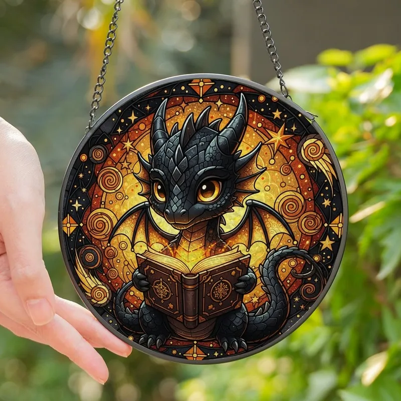 Fantasy Lovers' Intricate Stained Glass Chibi Dragon Reading Magic Book Vibrant Jewel Tones Stained Glass Suncatcher - ebdXSIFlmq