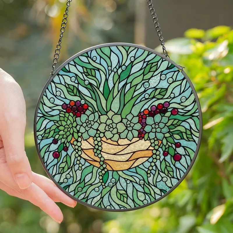 Women's Tiffany Stained Glass Succulent Berry Floral Planter Emerald Ruby Teal Dew Drops Stained Glass Suncatcher - a6F7Mi5oLD