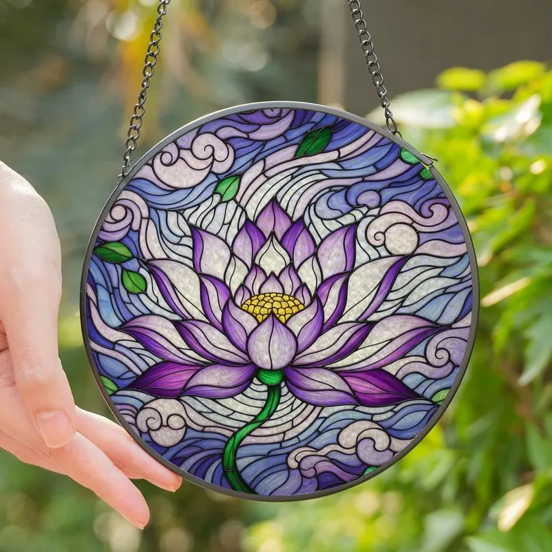 Art Lovers' Full Frame Tiffany Stained Glass Lotus Bloom Violet Emerald Gold Intricate Pattern Stained Glass Suncatcher - 1