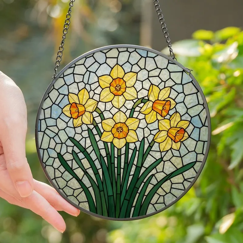 Nature Lovers' Intricate Stained Glass Daffodil Floral Mosaic Yellow Orange Green Blue Stained Glass Suncatcher - 1