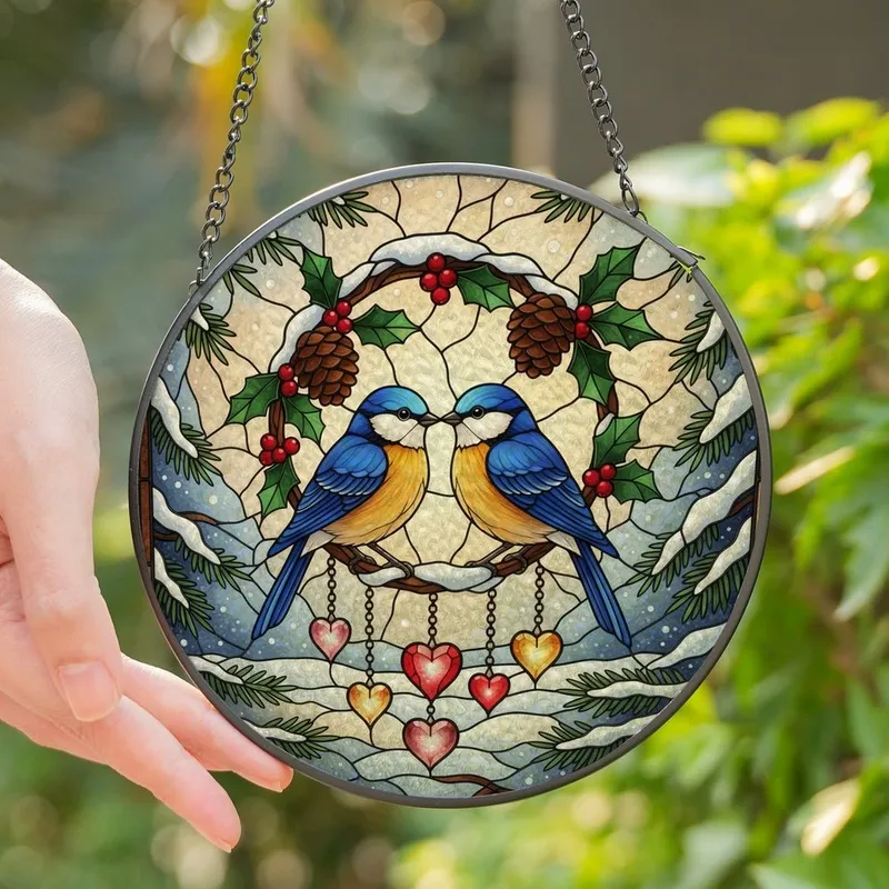 Art & Nature Enthusiasts' 8K Tiffany Stained Glass Bluebirds Winter Holly Heart Mosaic Stained Glass Suncatcher - 1