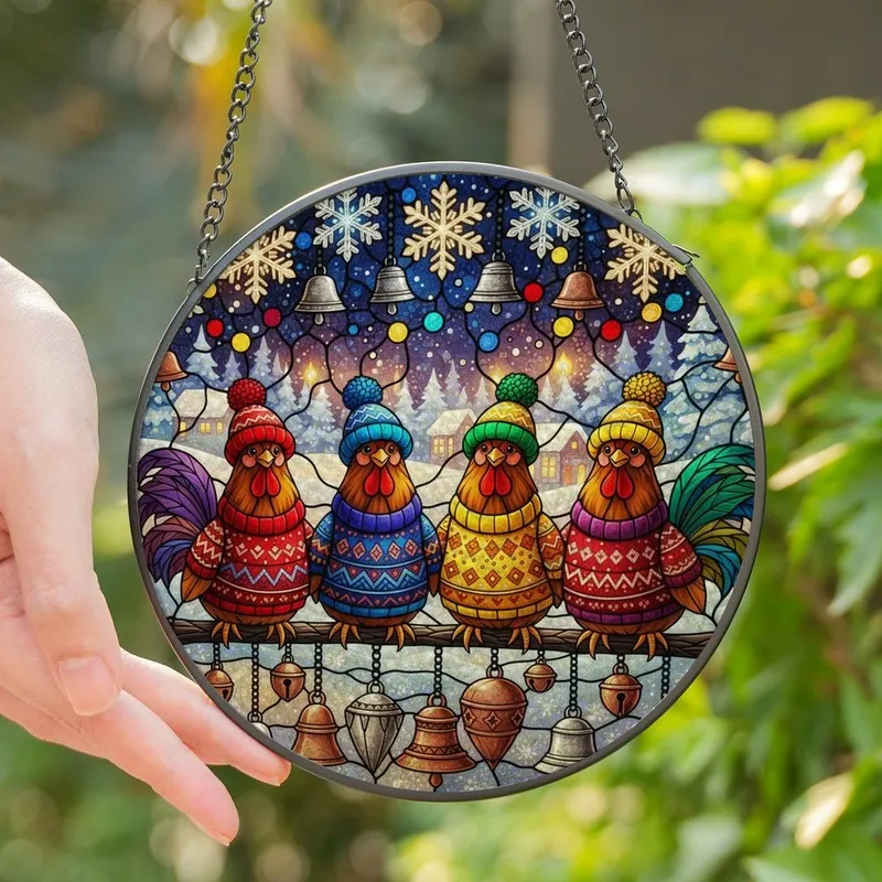 Holiday Chicken Lovers' Tiffany Style Stained Glass Winter Chickens, Knitted Hats Sweaters, Glowing Snowflake Jingle Bells Stained Glass Suncatcher - 1