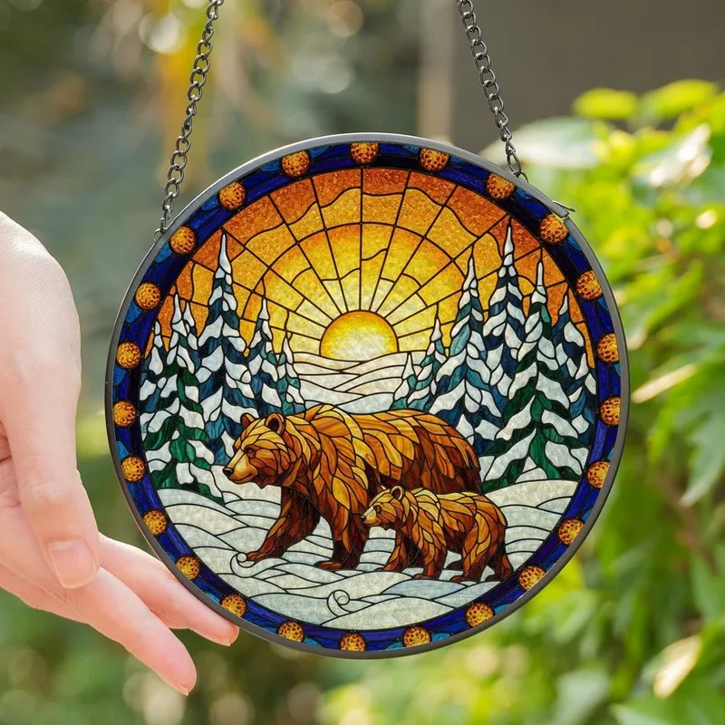 Nature Lovers' Intricate Tiffany Stained Glass Bear & Cub Snowy Forest Amber Glow Stained Glass Suncatcher - mDOSY22Zw5