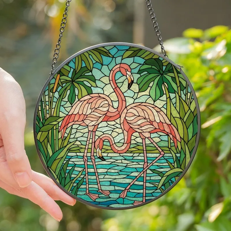 Tropical Aesthetic Fans' Tiffany Inspired Flamingo Pastel Jewel Tone Art Mosaic Stained Glass Suncatcher - 1