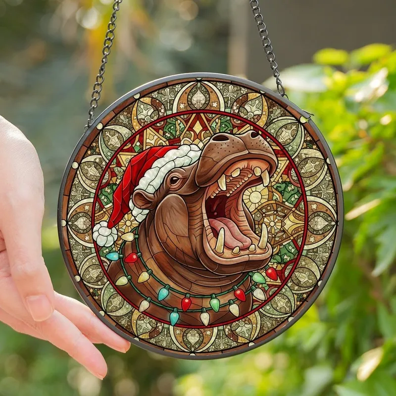 Festive Animal Lovers' Jovial Hippo Christmas Lights Stained Glass Snowflake Mosaic Jewel Tones Stained Glass Suncatcher - 1