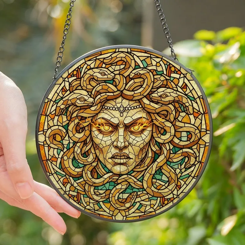 Mythology Art Lovers' Medusa Stained Glass Golden Teal Orange Geometric Mosaic Pattern Stained Glass Suncatcher - 1