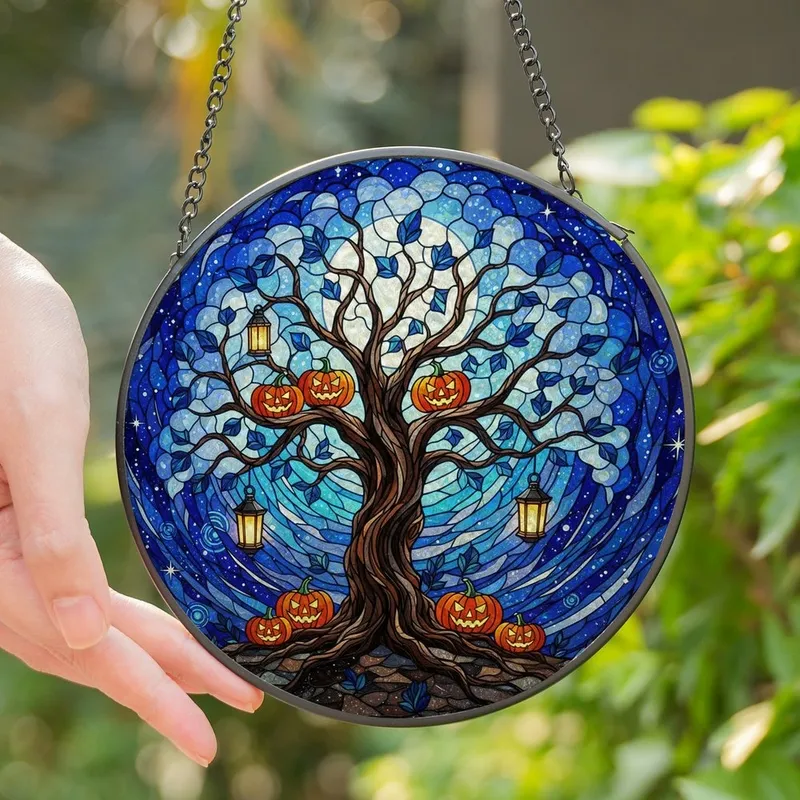 Halloween Mystics' Tiffany Style Gnarled Tree, Luminous Blue Canopy, Glowing Jack-O-Lanterns, Celestial Mosaic Stained Glass Suncatcher - 1