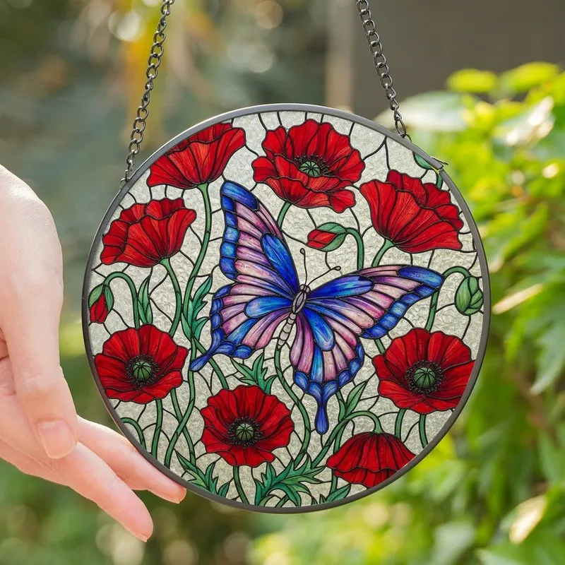 Nature Lovers' Iridescent Butterfly Stained Glass Art with Red Poppies & Mosaic Background Stained Glass Suncatcher - -0zyxlEpaW