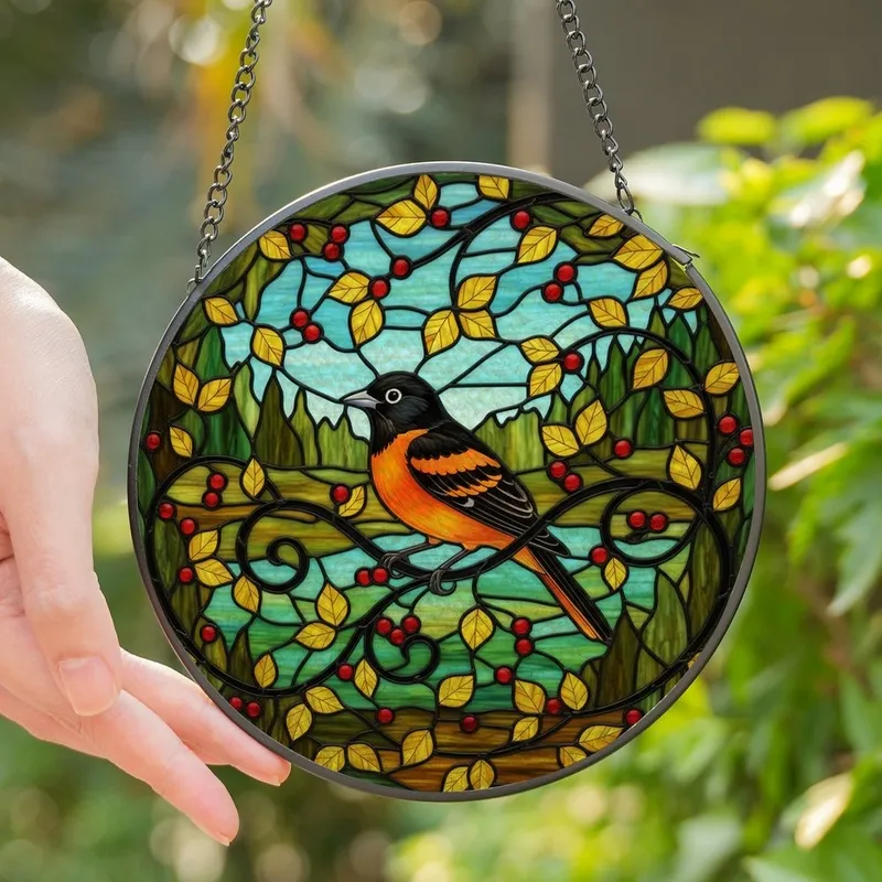 Stained Glass Art Admirers' Vibrant Orange Oriole Bird Tiffany Style Ruby Red Berries Golden Leaves Sky Blue Foliage Mosaic Stained Glass Suncatcher - 1