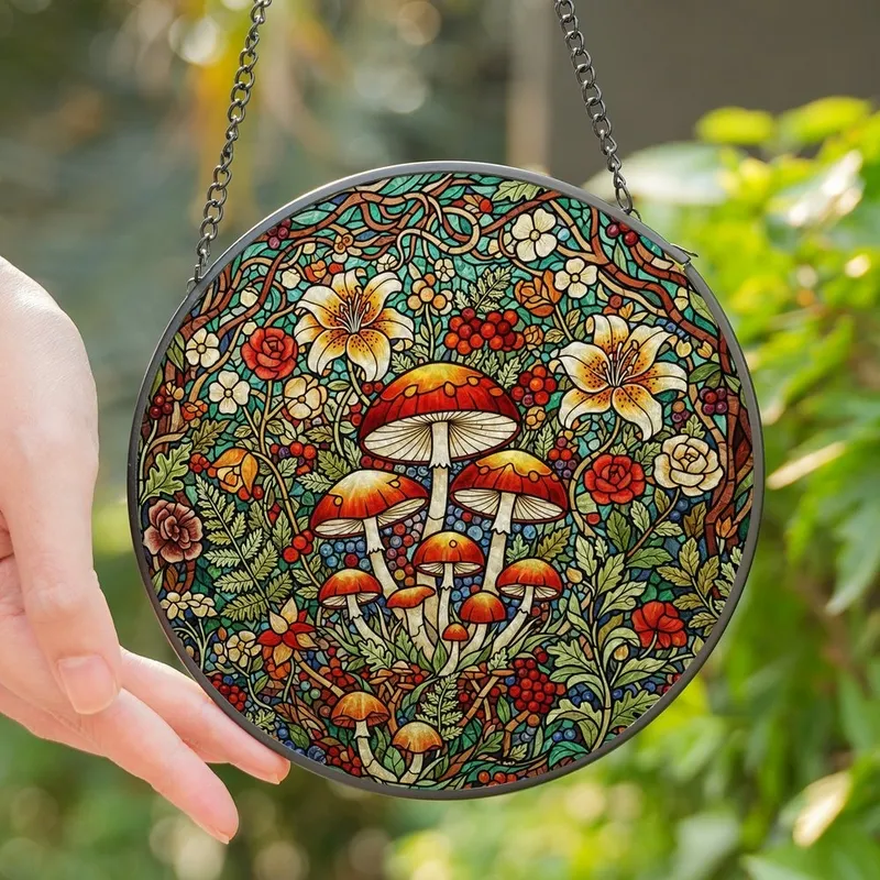 Nature Lovers' Vibrant Tiffany Stained Glass Woodland Mushroom & Floral Mosaic Pattern in Fiery Orange, Emerald Green, Cream Jewel Tones Stained Glass Suncatcher - 1