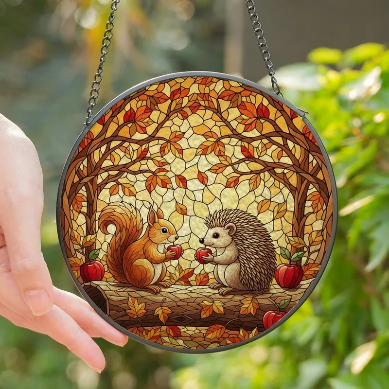 Nature Lovers' Intricate Tiffany Stained Glass Squirrel Hedgehog Red Apples Autumn Forest Mosaic Amber Deep Red Green Stained Glass Suncatcher - 1