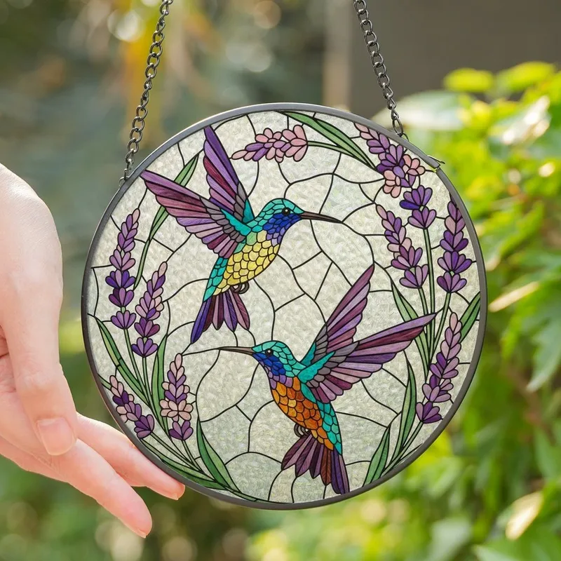 Women's Vibrant Stained Glass Hummingbirds Purple Blue Yellow Orange Pink Floral Mosaic Art Stained Glass Suncatcher - 1