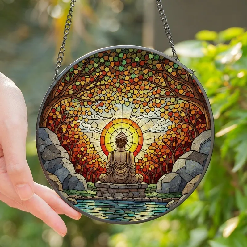 Spiritual Seekers' Radiant Stained Glass Buddha Golden Sun Autumn Leaves Jewel Tones Stained Glass Suncatcher - 1