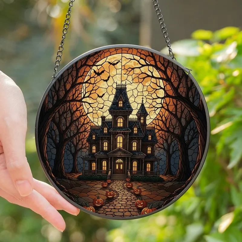 Halloween Enthusiasts' Gothic Tiffany Stained Glass Haunted Mansion Jewel Tone Art Stained Glass Suncatcher - 1