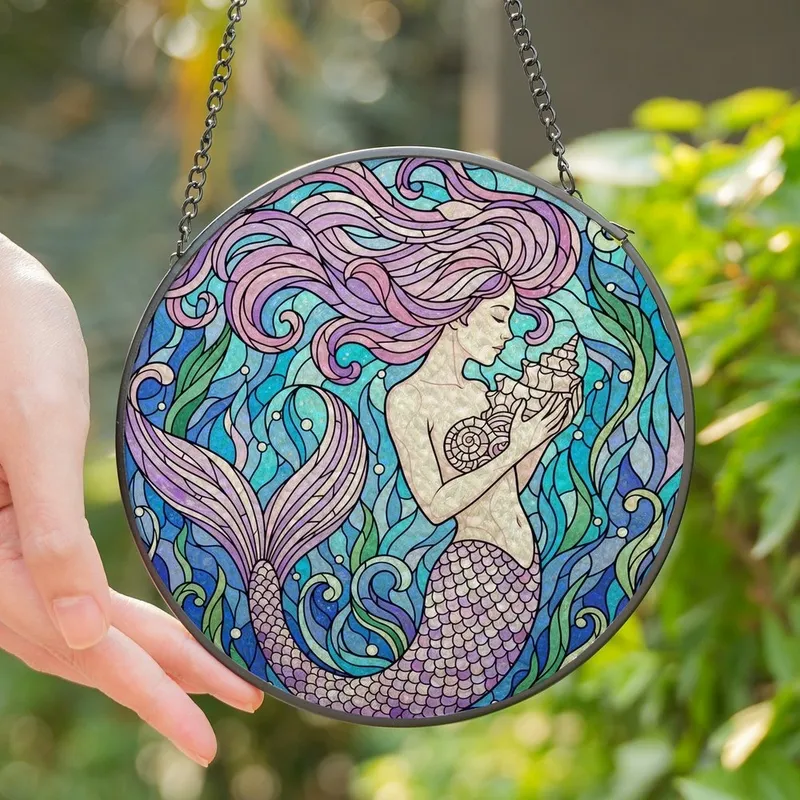 Mermaid Enthusiasts' Tiffany Style Stained Glass Ocean Fantasy Pink Purple Blue Jewel Tones Stained Glass Suncatcher - 1