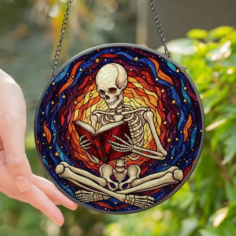 Art Lovers' Intricate Tiffany Stained Glass Skeleton Reading Book Celestial Nebula Mosaic in Jewel Tones Stained Glass Suncatcher - 1
