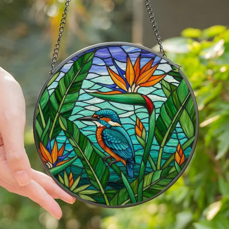 Nature Lovers' Vibrant Teal Orange Emerald Stained Glass Kingfisher Tropical Mosaic Art Stained Glass Suncatcher - 1