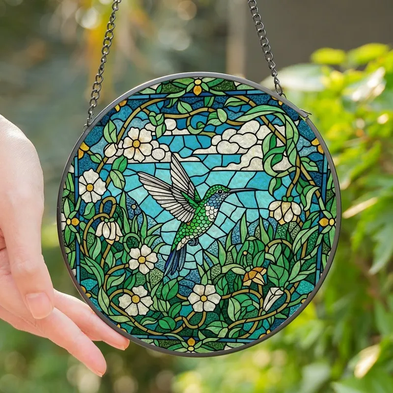 Nature Lovers' Tiffany Stained Glass Hummingbird Floral Mosaic Emerald Green Blue Art Stained Glass Suncatcher - XJVhw1lCmg