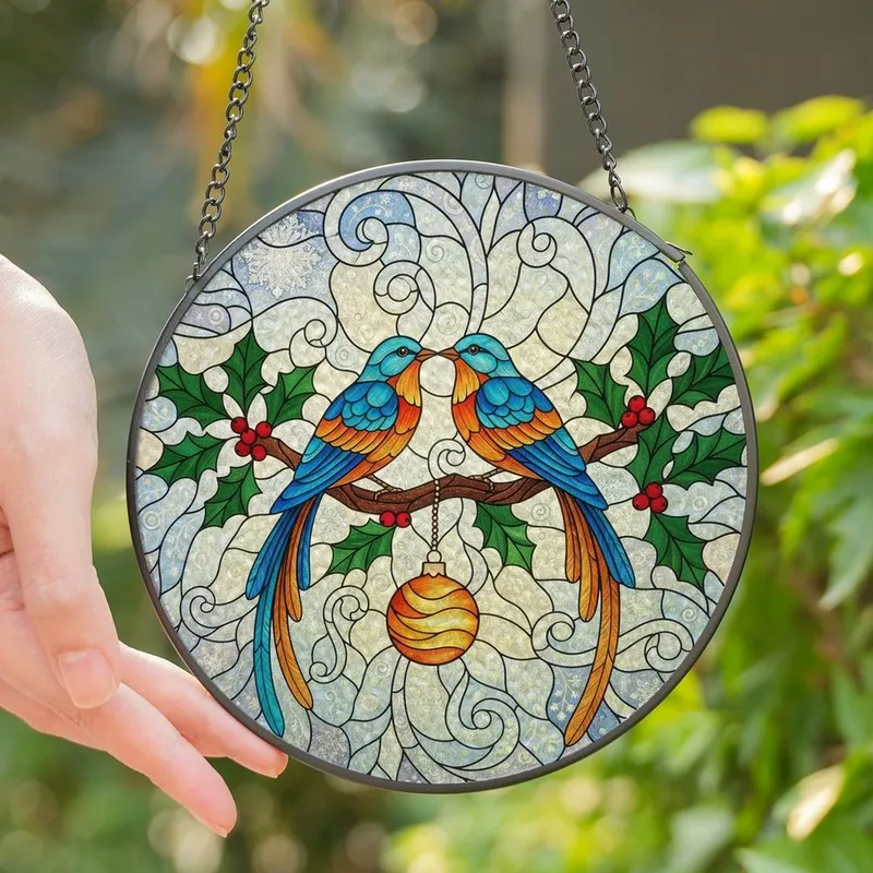 Art Lovers' Edge-to-Edge Tiffany Glass Jewel Tone Blue Orange Birds Holly Berry Frost Mosaic Stained Glass Suncatcher - 1