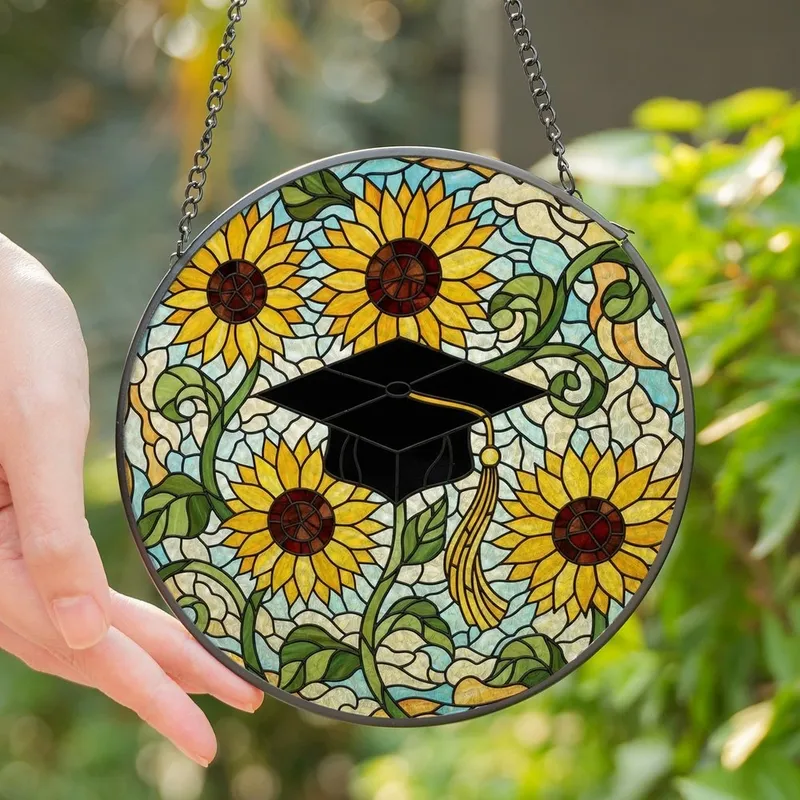 Graduation Celebrants' Tiffany Style Stained Glass Gold Tassel Cap Sunflowers Jewel Tone Mosaic Stained Glass Suncatcher - 1