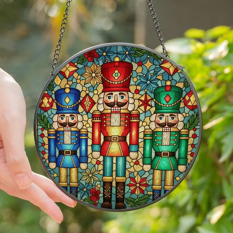 Holiday Enthusiasts' Tiffany Stained Glass Nutcracker Trio Red Blue Green Gold Teal Jewel Tone Holiday Mosaic Stained Glass Suncatcher - SK1nC1GvZy