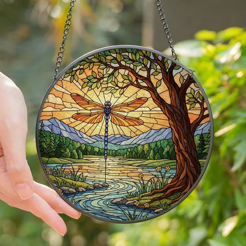 Nature & Art Lovers' Vibrant Tiffany Stained Glass Dragonfly River Jewel Tone Mosaic Stained Glass Suncatcher - 1