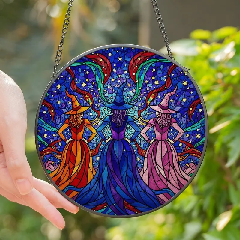 Mystical Art Enthusiasts' Tiffany Stained Glass Witches Celestial Mosaic Jewel Tone Colors Stained Glass Suncatcher - 1