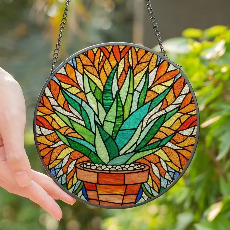 Art Lovers' Tiffany Stained Glass Succulent Emerald Teal Orange Intricate Sun Ray Leaf Mosaic Stained Glass Suncatcher - 1