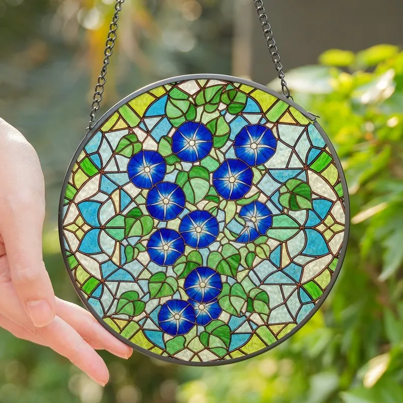 Nature Lovers' Vibrant Blue Morning Glory Tiffany Stained Glass Emerald Green Floral Mosaic Stained Glass Suncatcher - ZFUZRk-CNH