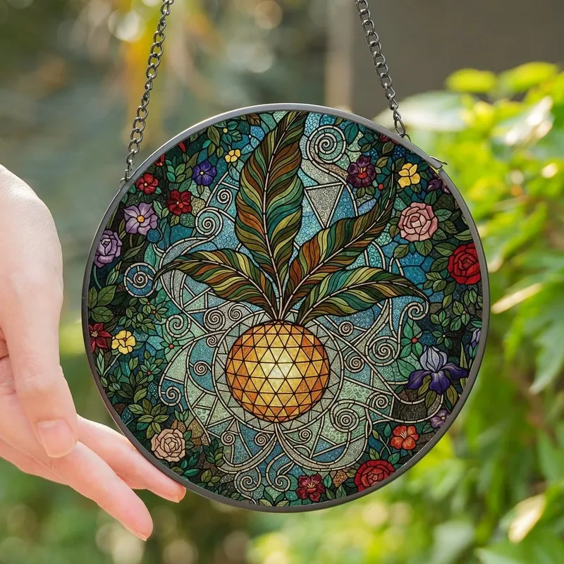 Art Lovers' Glowing Jewel Tone Stained Glass Botanical & Geometric Mosaic Stained Glass Suncatcher - 1