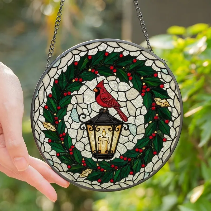 Art & Nature Lovers' Jewel-Toned Red Cardinal Tiffany Stained Glass Lantern & Holly Wreath Mosaic Stained Glass Suncatcher - 1