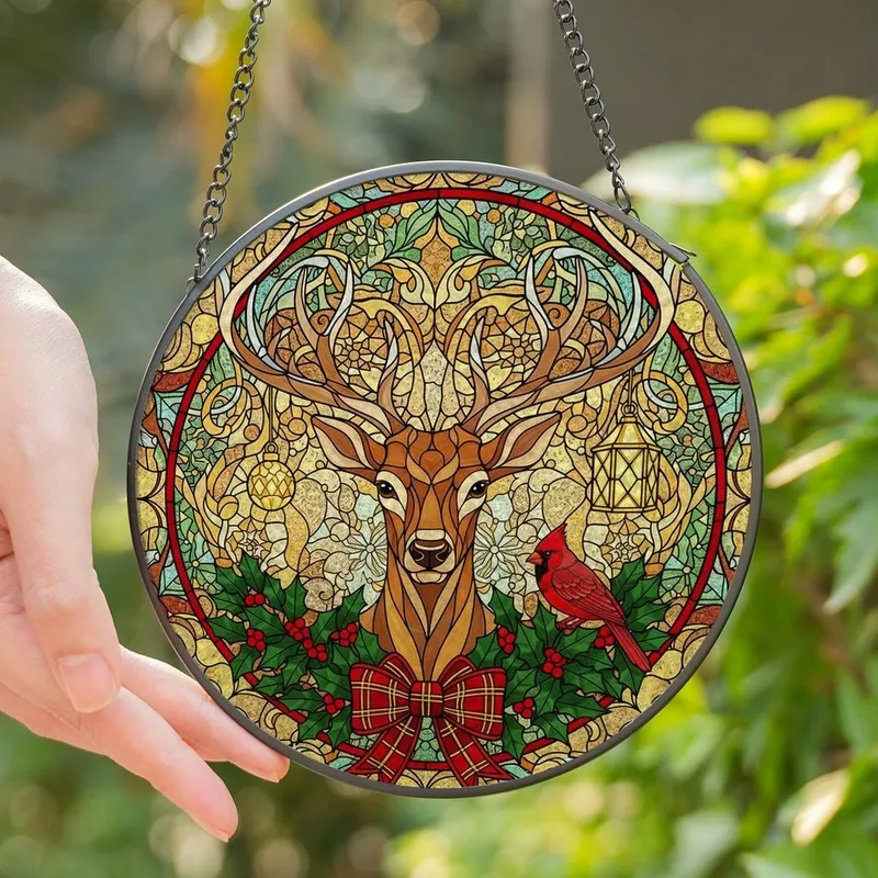 Christmas Art Lovers' Intricate Tiffany Stained Glass Reindeer Head, Golden Amber Red Holly Wreath, Plaid Bow, Winter Mosaic Art Stained Glass Suncatcher - 1
