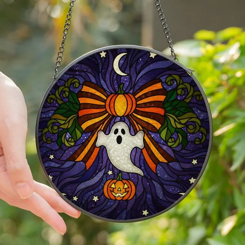 Halloween Enthusiasts' Intricate Tiffany Stained Glass Orange Bow, White Ghost & Jack-o'-Lantern with Mystical Purple Night Stained Glass Suncatcher - 1