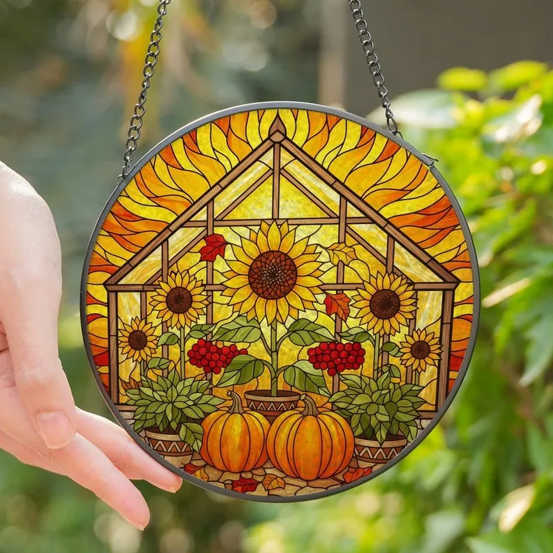 Autumn Garden Enthusiasts' Radiant Tiffany Stained Glass Sunflower & Pumpkin Mosaic Stained Glass Suncatcher - 1