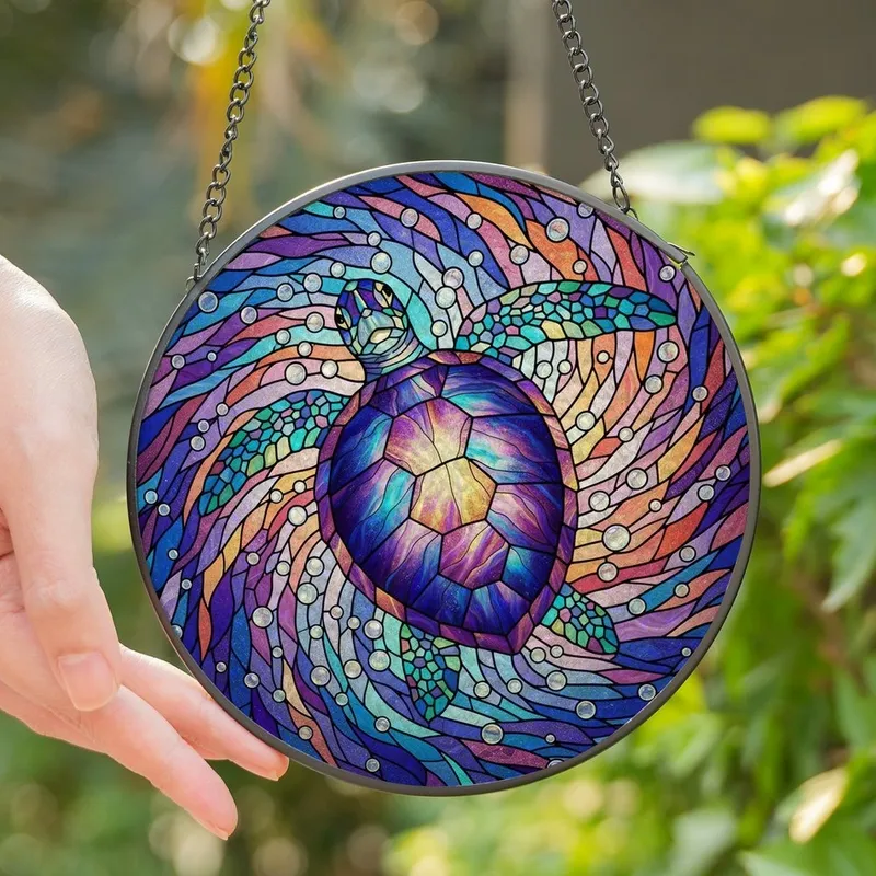 Ocean Lovers' Iridescent Tiffany Style Stained Glass Sea Turtle Mosaic Glowing Ocean Currents Design Stained Glass Suncatcher - 1