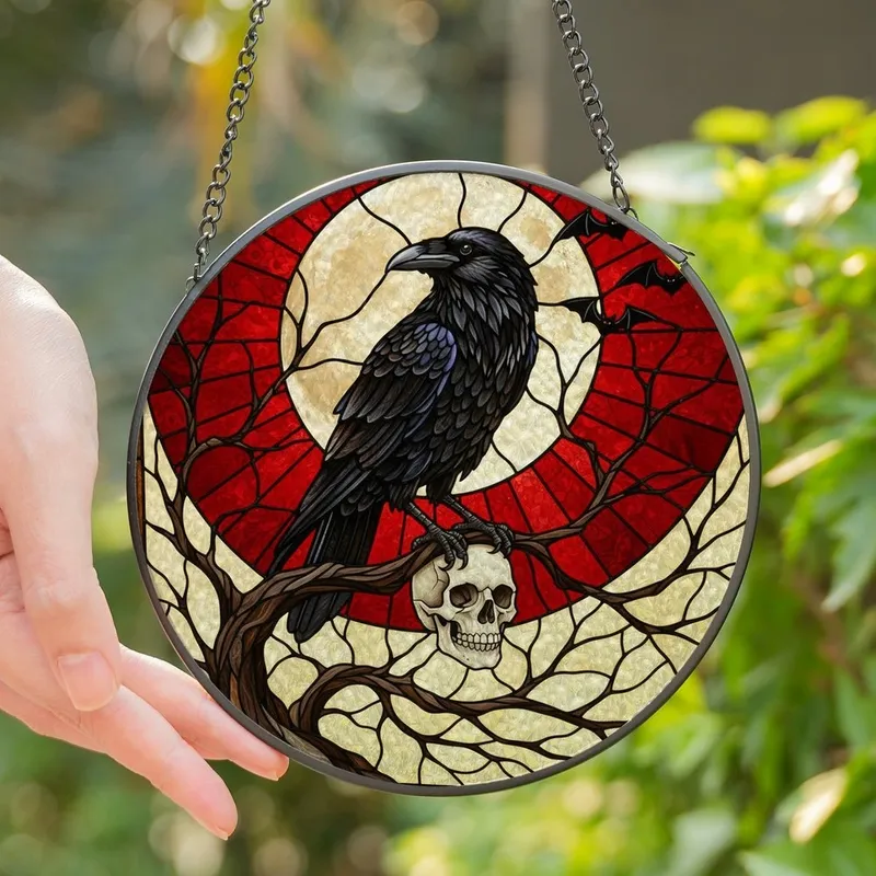 Dark Aesthetic Fans' Vivid Tiffany Style Raven, Skull & Moon Stained Glass Mosaic Stained Glass Suncatcher - 1