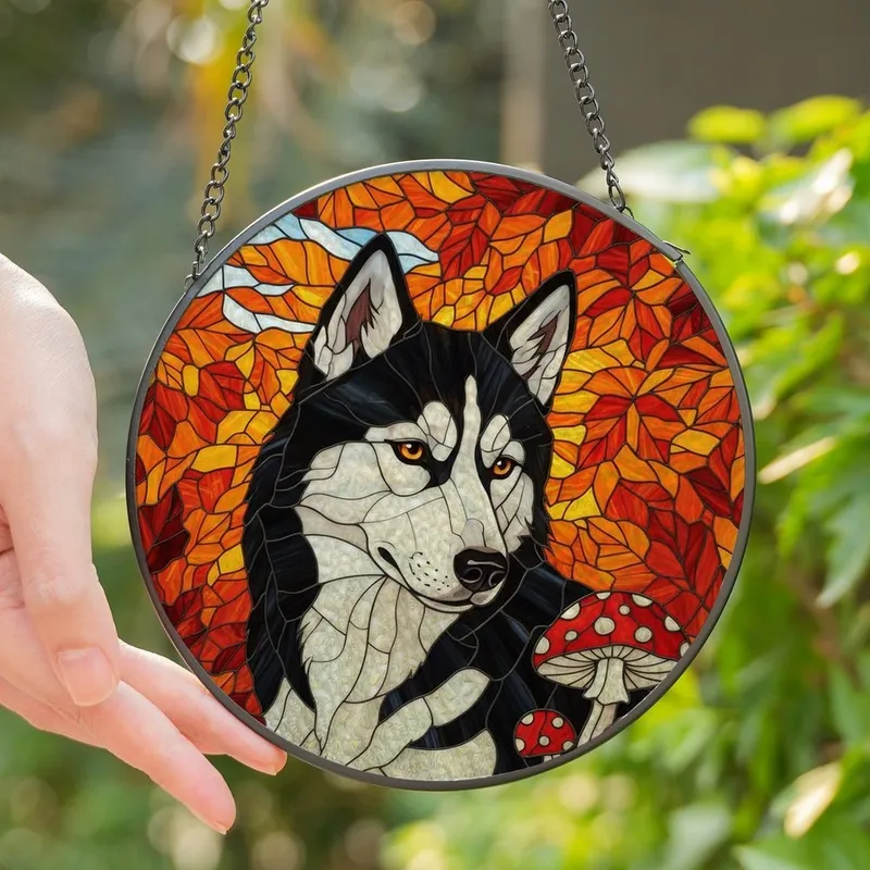 Husky Lovers' Jewel Tone Stained Glass Black White Husky Dog Autumn Foliage Mushroom Art Stained Glass Suncatcher - 1