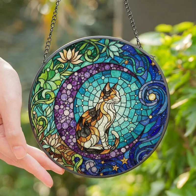 Cat Lovers' Intricate Tiffany Stained Glass Calico Cat Crescent Moon Jewel Tone Teal Purple Amber Edge-to-Edge Mosaic Stained Glass Suncatcher - ZXtHc-Gfwh