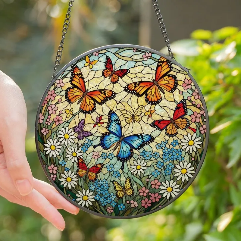 Art Enthusiasts' Vibrant Stained Glass Monarch & Morpho Butterflies with Daisy & Blossom Floral Mosaic in Jewel Tones Stained Glass Suncatcher - y4gSNXe0J6