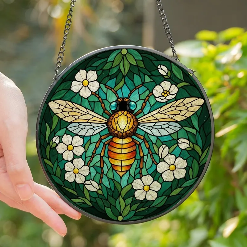 Nature Lovers' Vibrant Golden-Orange Bee Tiffany Stained Glass Floral Foliage Mosaic Stained Glass Suncatcher - 1