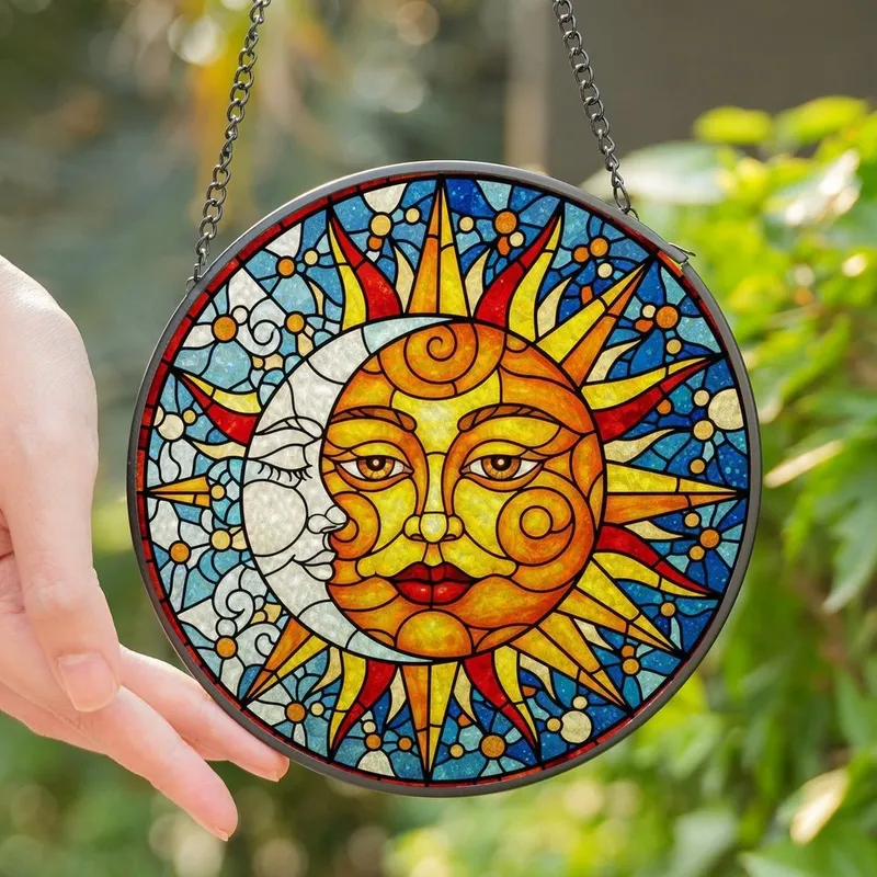 Art & Design Lovers' Tiffany Stained Glass Sun Moon Face Duality Mosaic White Orange Gold Blue Teal Jewel Tones Stained Glass Suncatcher - 1
