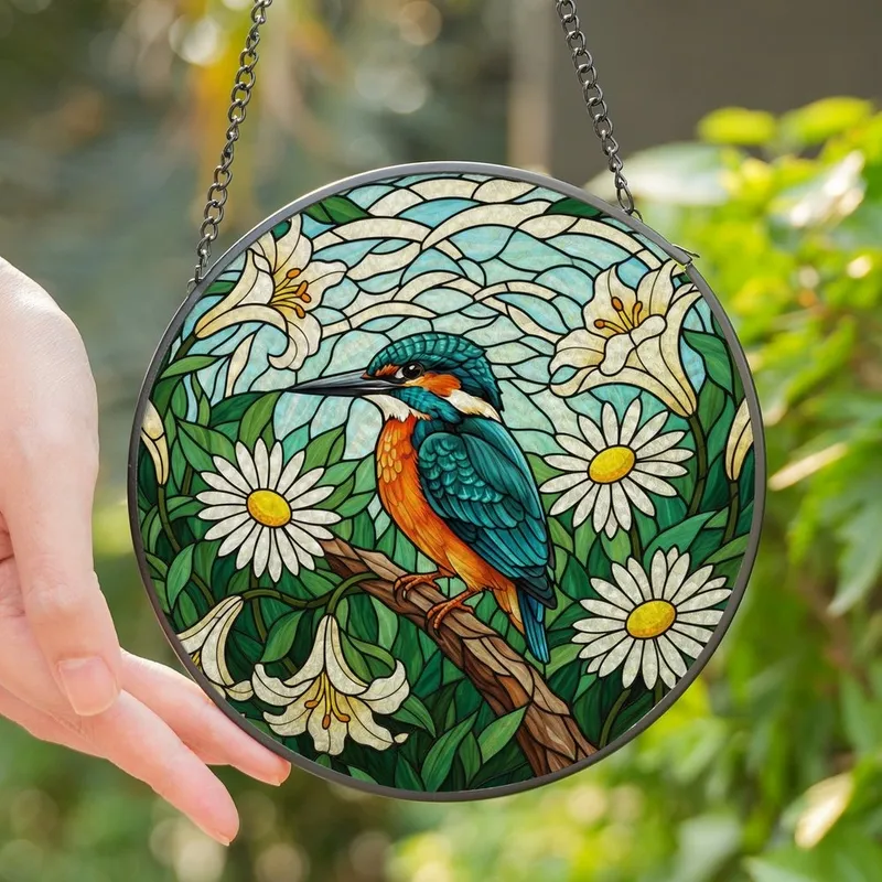 Nature Lovers' Iridescent Kingfisher Bird Tiffany Glass Floral Mosaic Stained Glass Suncatcher - 1