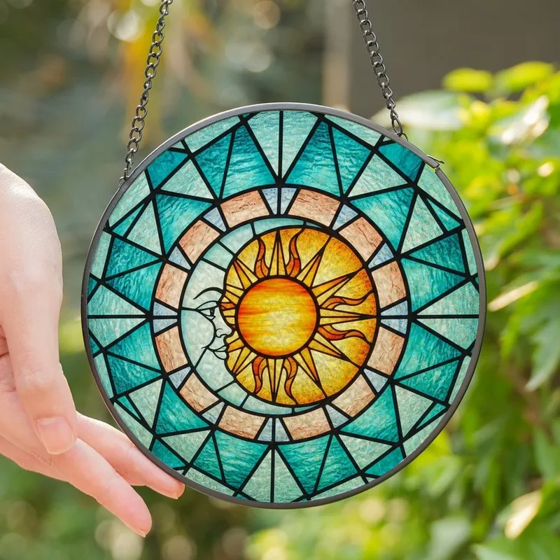 Art Lovers' Glowing Orange Teal Blue Yellow Sun Moon Stained Glass Mosaic Pattern Stained Glass Suncatcher - 1