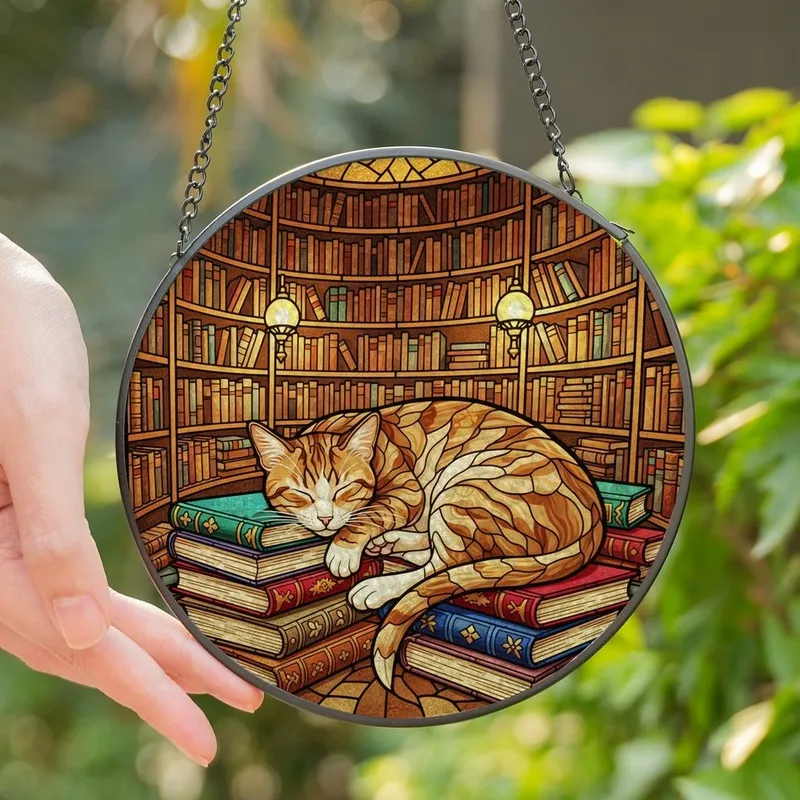 Cat & Book Lovers' Stained Glass Sleeping Tabby Cat Library Books Design Amber Ruby Emerald Stained Glass Suncatcher - 1