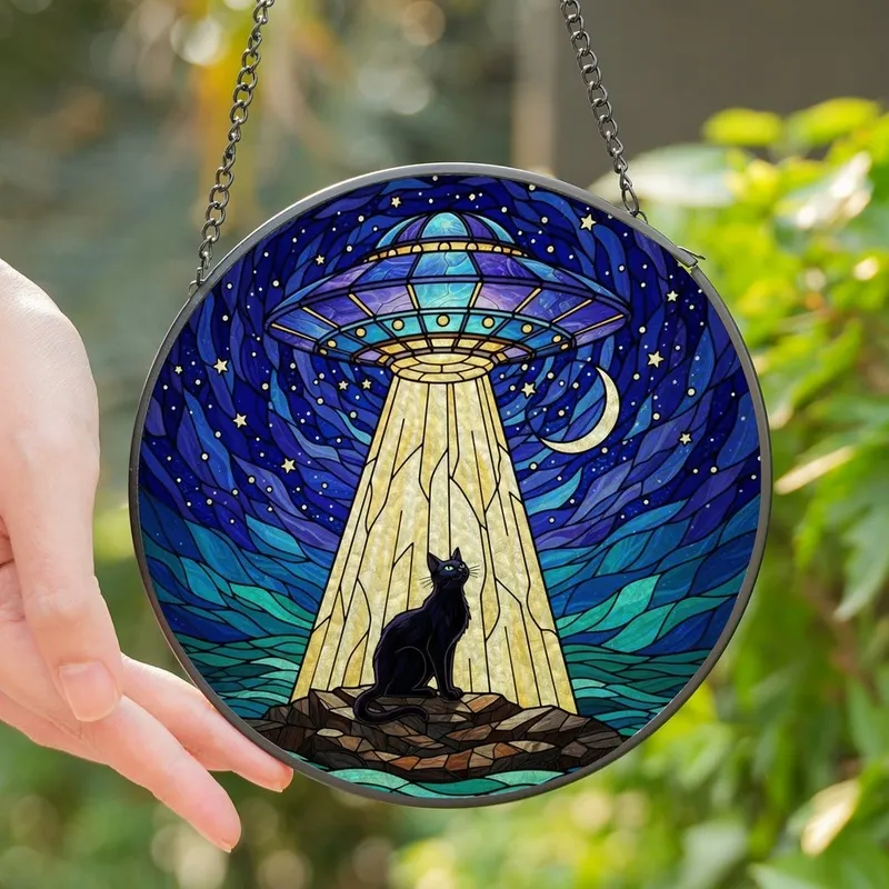 Sci-Fi Cat Lovers' Tiffany Stained Glass UFO Abduction Black Cat Cosmic Night Sky Jewel Tones Stained Glass Suncatcher - JLijIau-z9